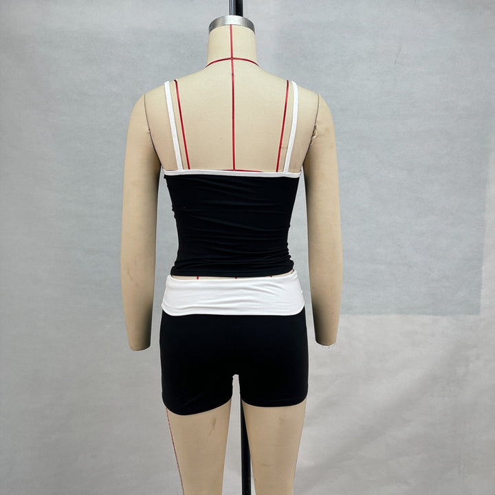 Drune | Hosenträger Nabel Kontrast Top Niedrige Taille Shorts Set