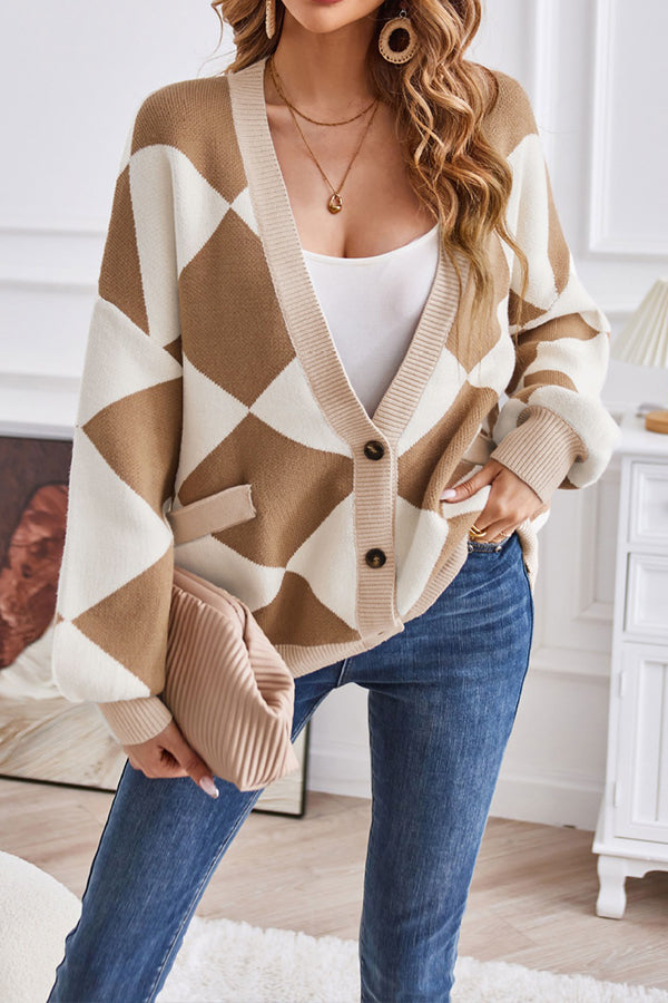 Drune | Hals geometrisches Patchwork kontrastierender Strickcardigan lässige lockere Jacke