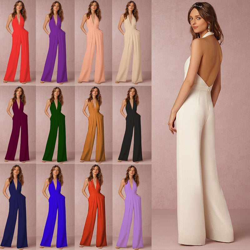 Damen Jumpsuit mit tiefem V-Ausschnitt und weiten Beinen Drune