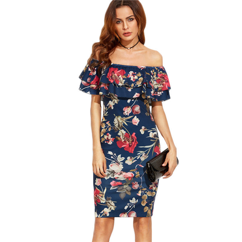 Damen Off-Shoulder Blumenkleid mit voluminösen Rüschendetails und figurbetontem Schnitt Drune