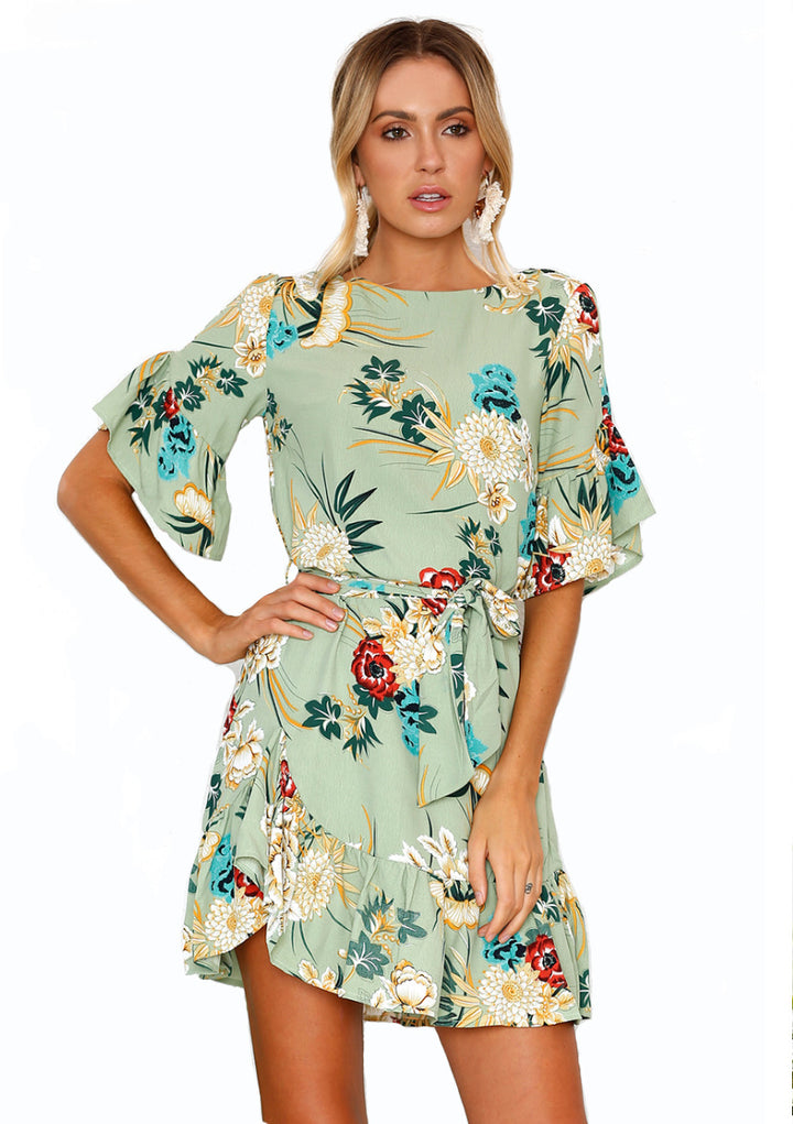Damen Floral Wickelkleid mit Volantärmeln und Taillengürtel Drune