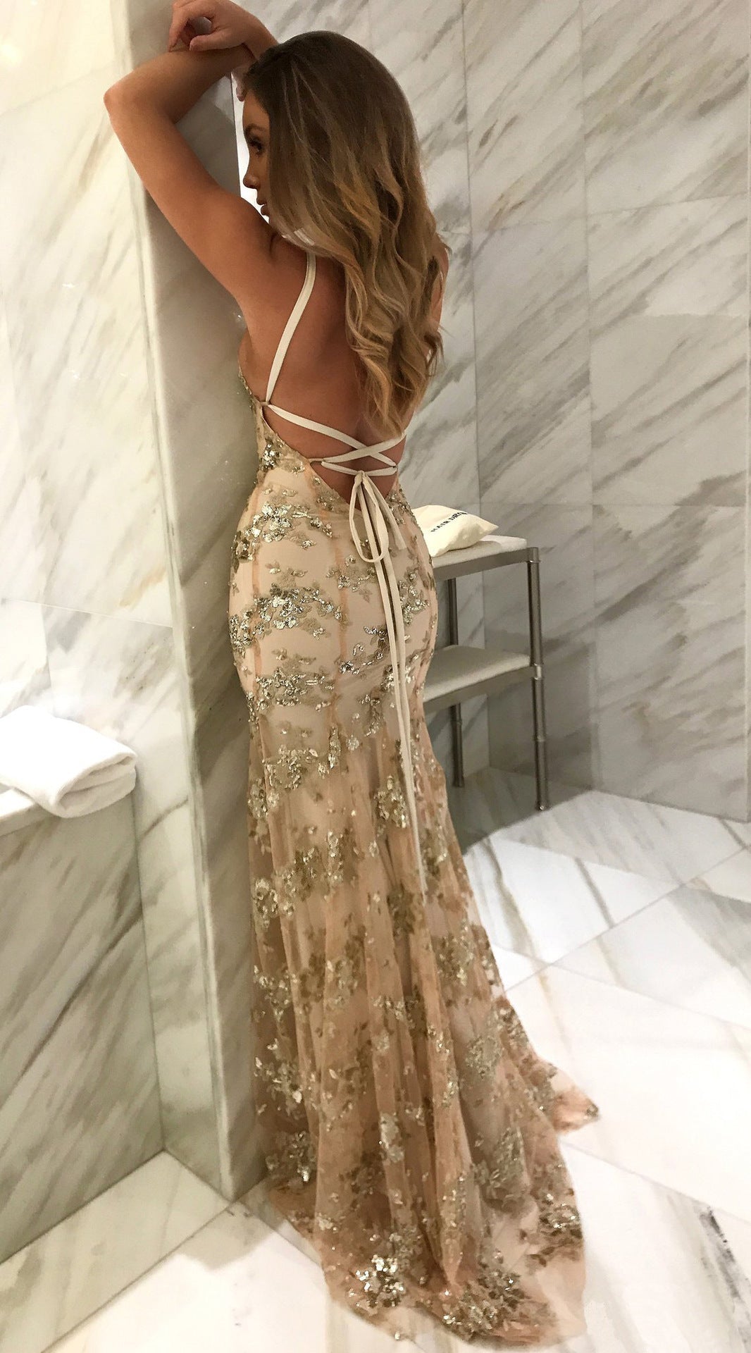 Damen Glamouröses langes Abendkleid mit Pailletten und tiefem V-Ausschnitt Drune