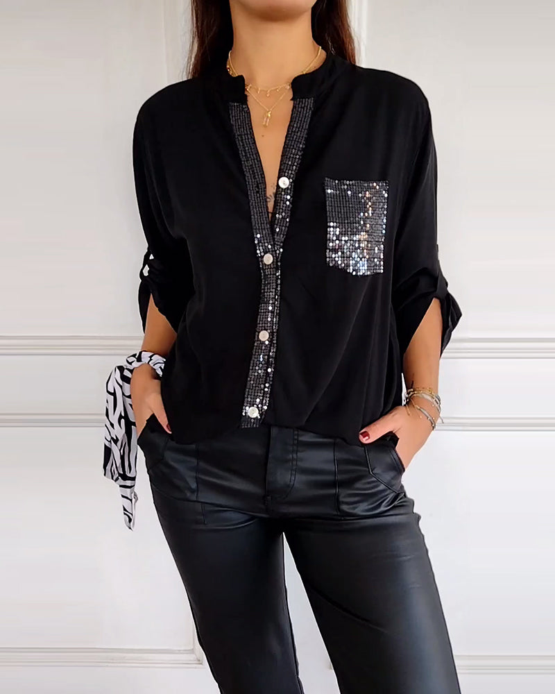 Drune - Schicke Bluse mit Knopfleiste und Paillettenbesatz für Damen | Elegante Langarmbluse mit Paillettentasche