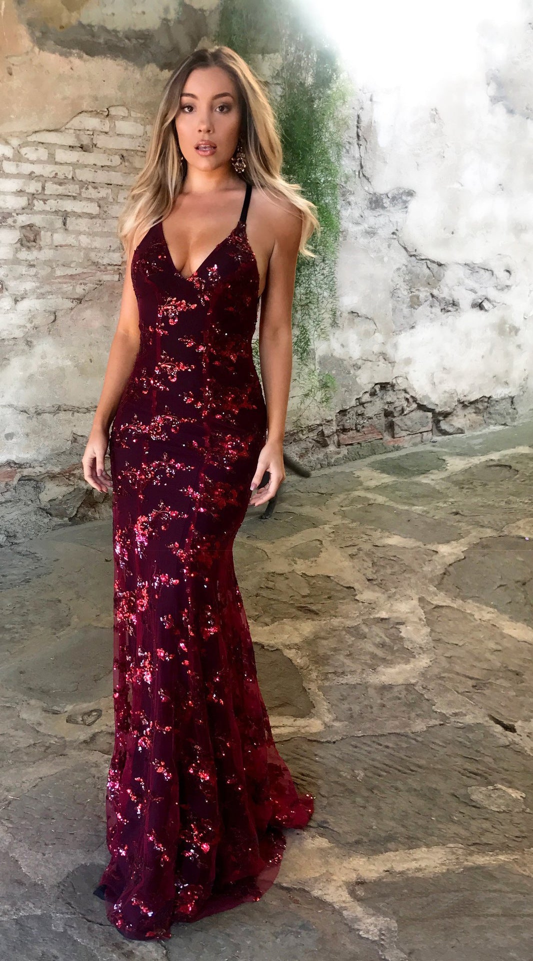Damen Glamouröses langes Abendkleid mit Pailletten und tiefem V-Ausschnitt Drune