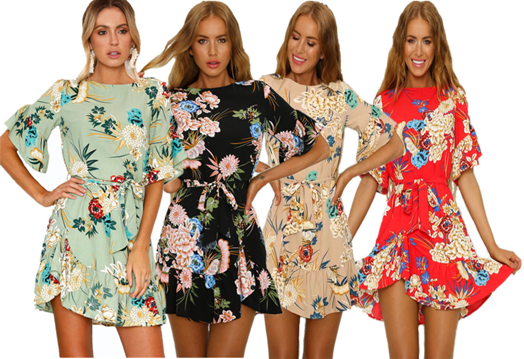 Damen Floral Wickelkleid mit Volantärmeln und Taillengürtel Drune