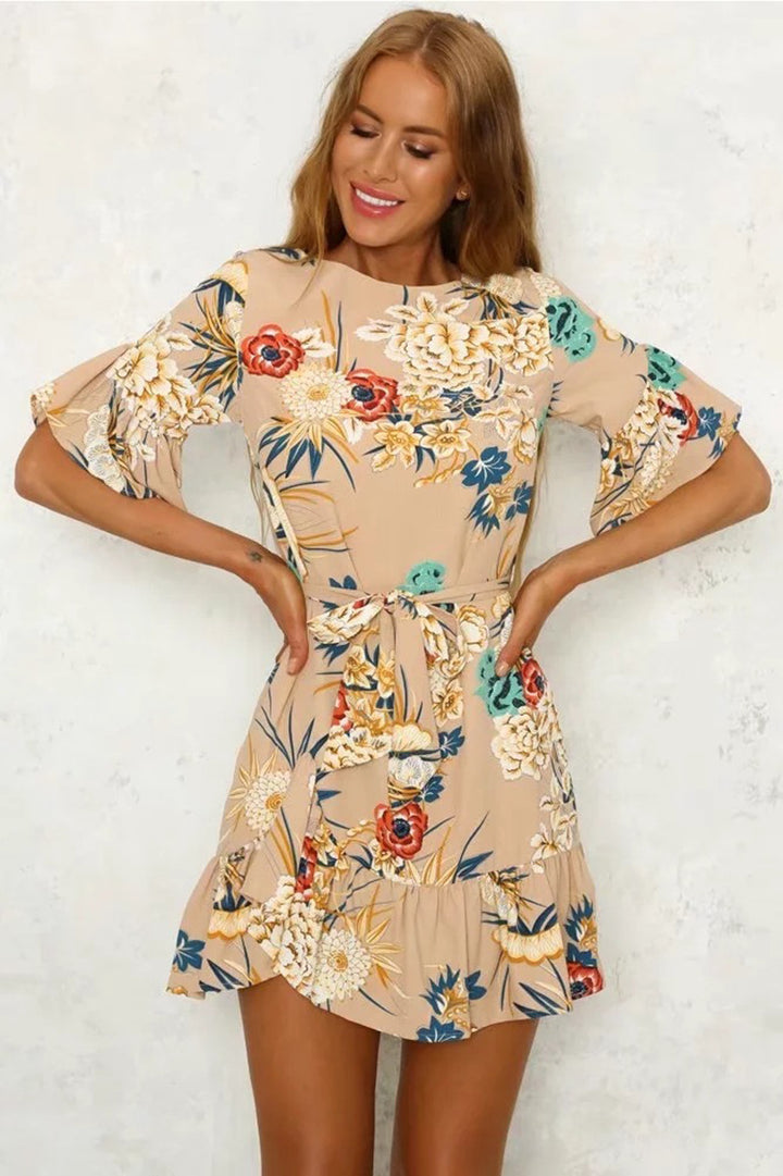Damen Floral Wickelkleid mit Volantärmeln und Taillengürtel Drune
