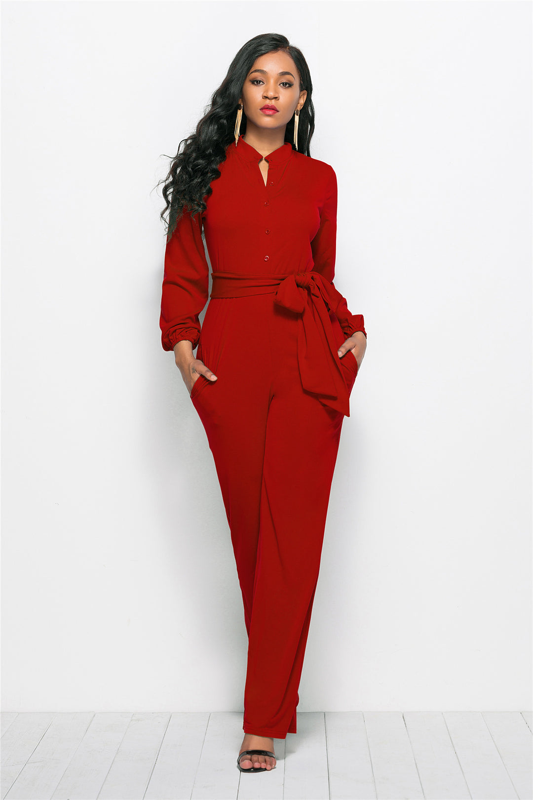 Damen Eleganter Jumpsuit mit tailliertem Schnitt und langen Ärmeln Drune