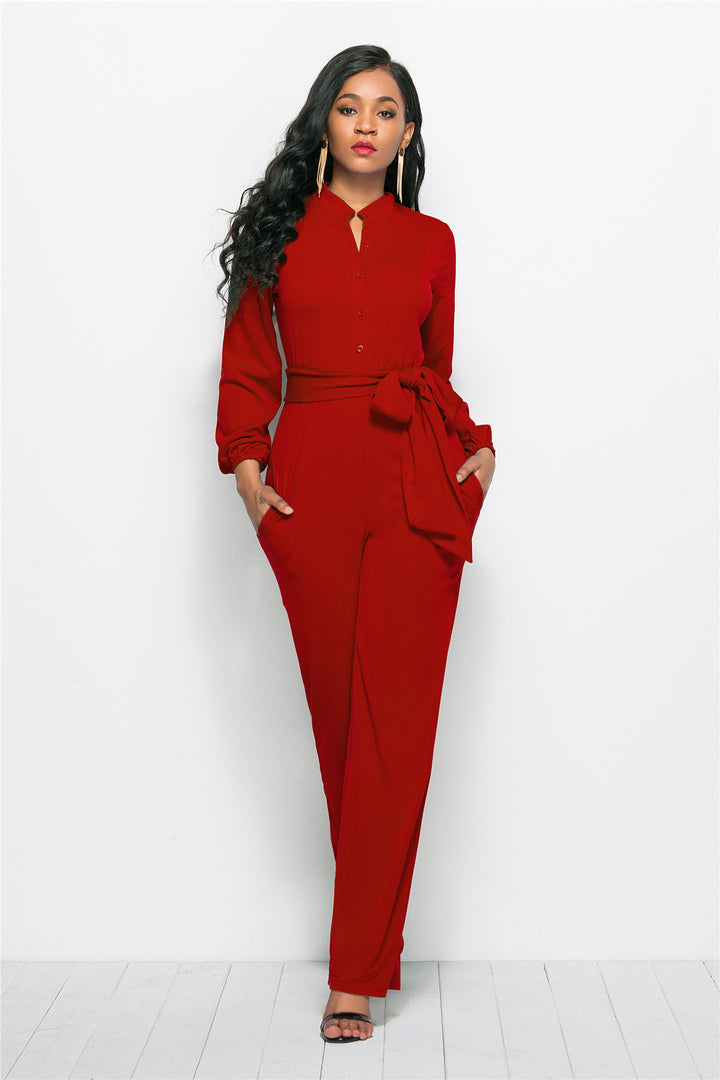 Damen Eleganter Jumpsuit mit tailliertem Schnitt und langen Ärmeln Drune