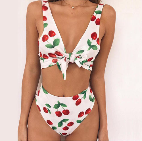 Damen Bikini-Set mit verspieltem Knoten und fruchtigem Kirschmuster Drune