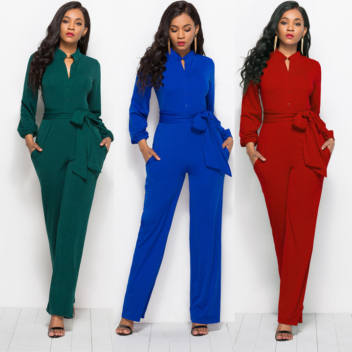 Damen Eleganter Jumpsuit mit tailliertem Schnitt und langen Ärmeln Drune
