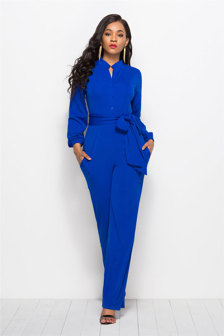 Damen Eleganter Jumpsuit mit tailliertem Schnitt und langen Ärmeln Drune