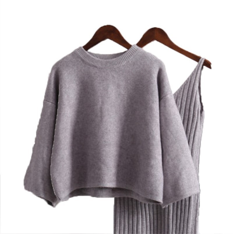 Damen modisches Strickensemble mit bequemem Oversized-Pullover und schmalem Kleid Drune