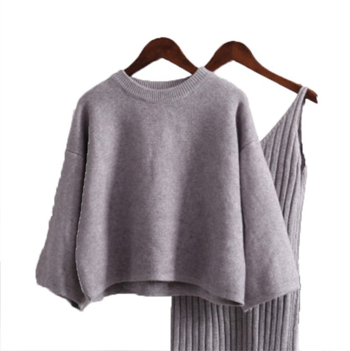 Damen modisches Strickensemble mit bequemem Oversized-Pullover und schmalem Kleid Drune