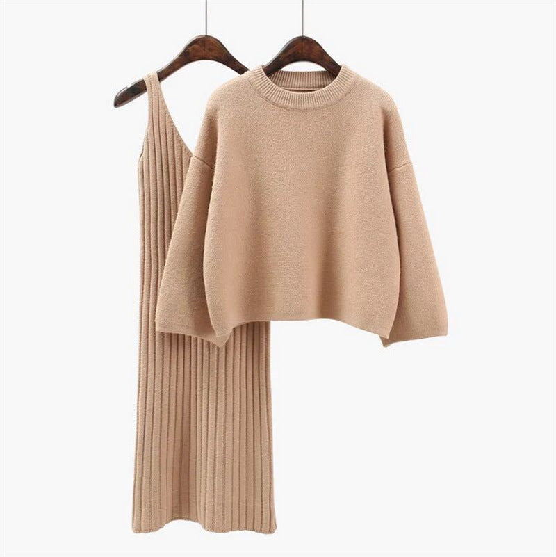 Damen modisches Strickensemble mit bequemem Oversized-Pullover und schmalem Kleid Drune