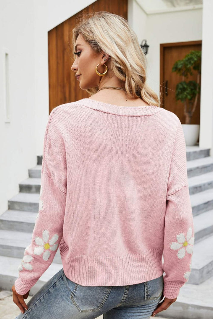 Drune | Floral Ribbed Trim Drop Shoulder Cardigan