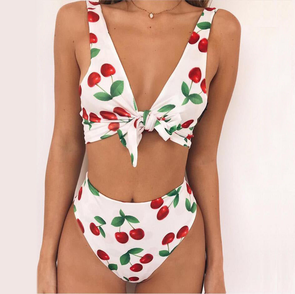 Damen Bikini-Set mit verspieltem Knoten und fruchtigem Kirschmuster Drune