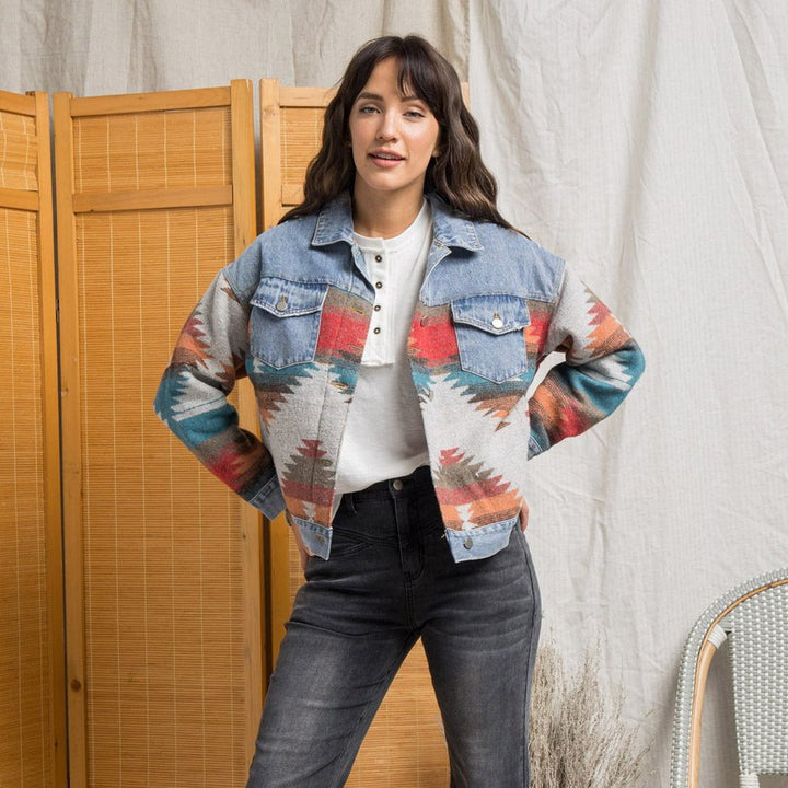 Drune | Western Denim Jacke - Aztekenmuster Ärmel - Lässig & Trendy - Herbst Schichten