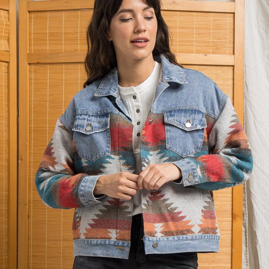 Drune | Western Denim Jacke - Aztekenmuster Ärmel - Lässig & Trendy - Herbst Schichten