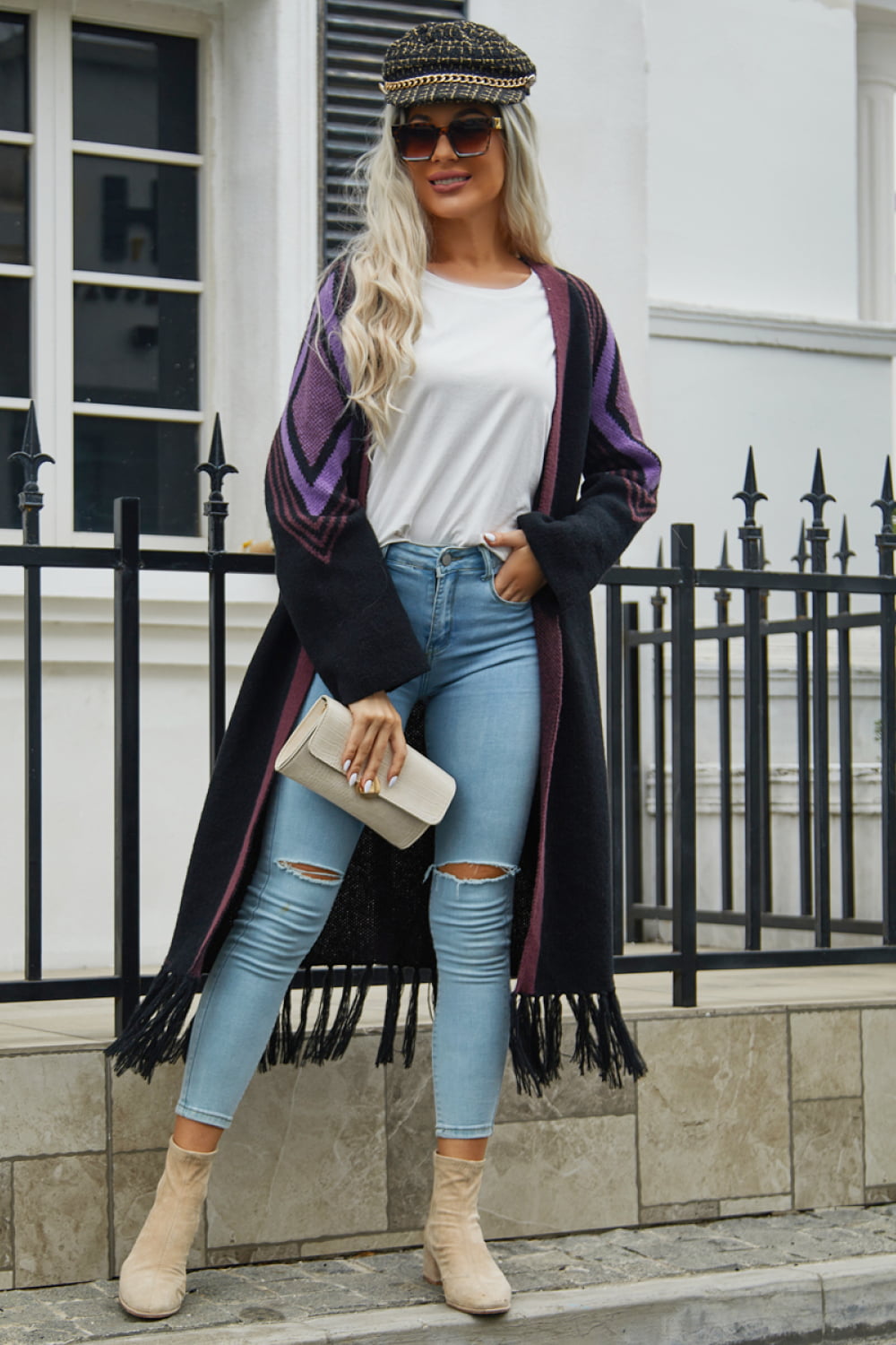 Drune | Geometric Fringe Hem Offene Front Duster Cardigan