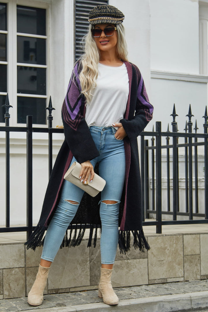 Drune | Geometric Fringe Hem Offene Front Duster Cardigan