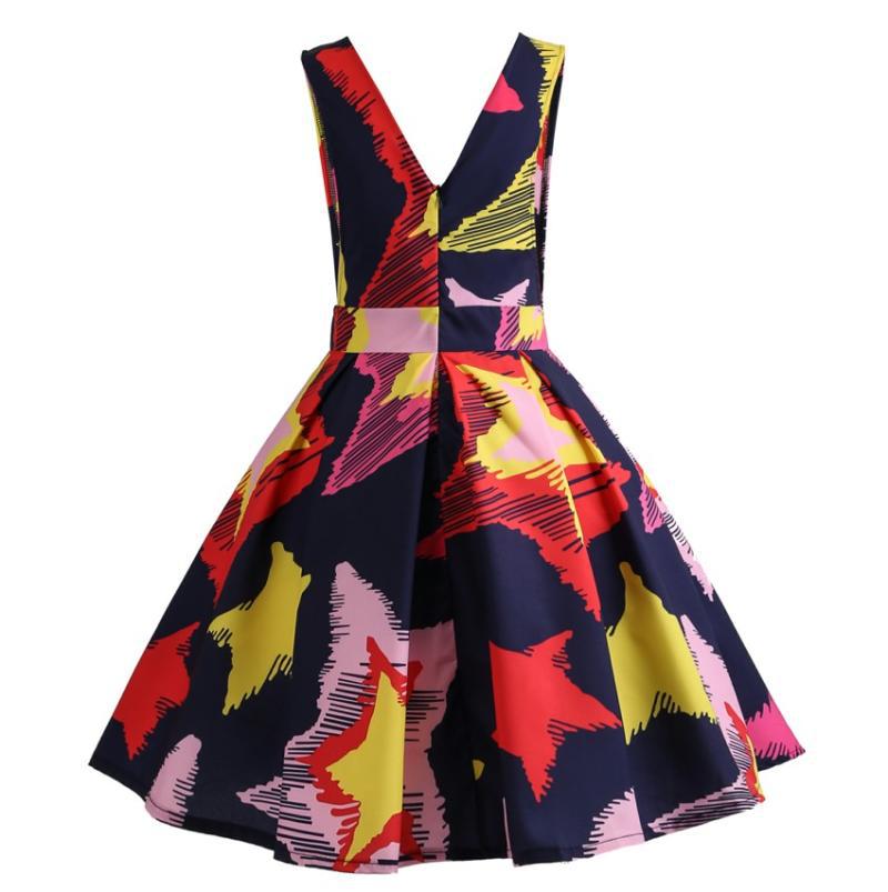 Damen A-Linien Kleid mit tiefem V-Ausschnitt und grafischem Sternmuster Drune