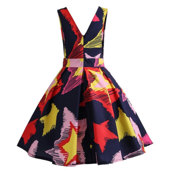 Damen A-Linien Kleid mit tiefem V-Ausschnitt und grafischem Sternmuster Drune