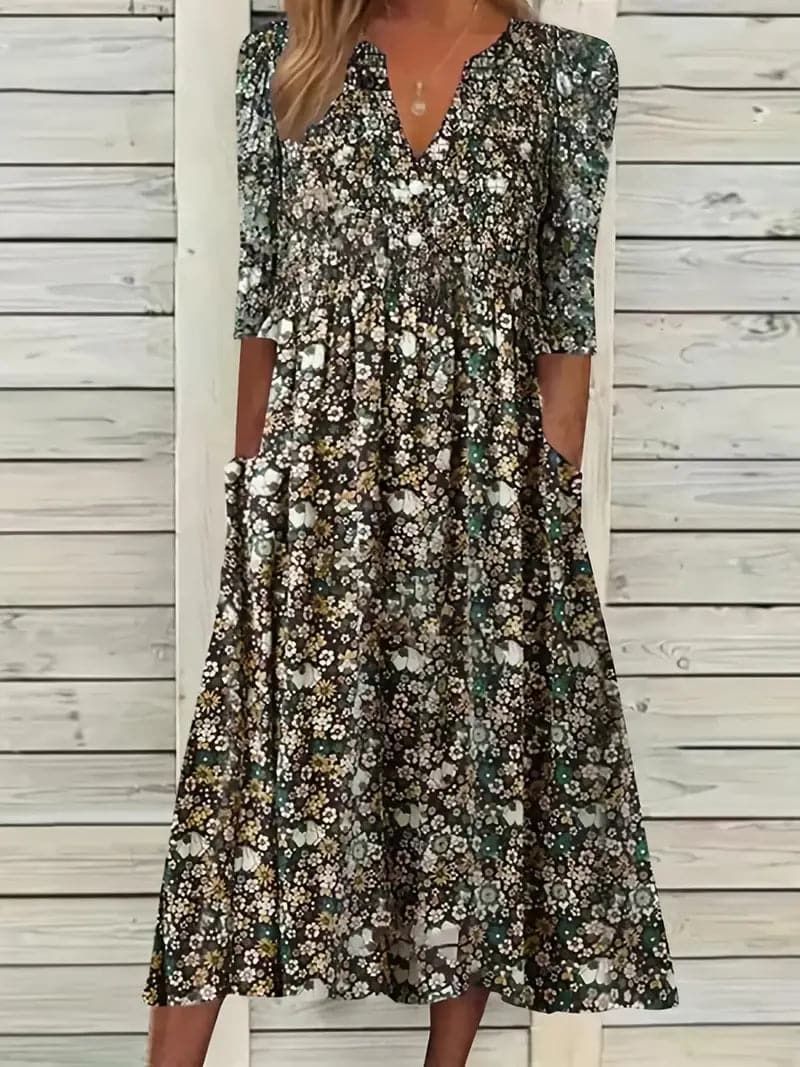 Drune | Midikleid A-Linie Passform V-Ausschnitt 3/4 Ärmel Blumenmuster