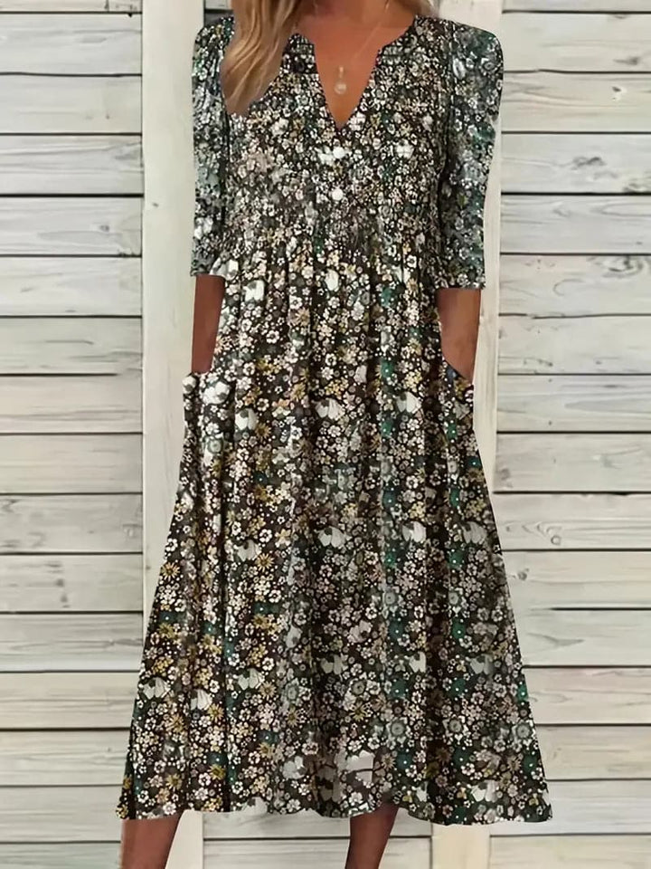 Drune | Midikleid A-Linie Passform V-Ausschnitt 3/4 Ärmel Blumenmuster