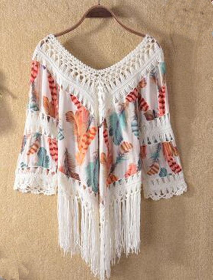 Damen lässiger Strandponcho mit fransigen Details und trendigem Muster Drune
