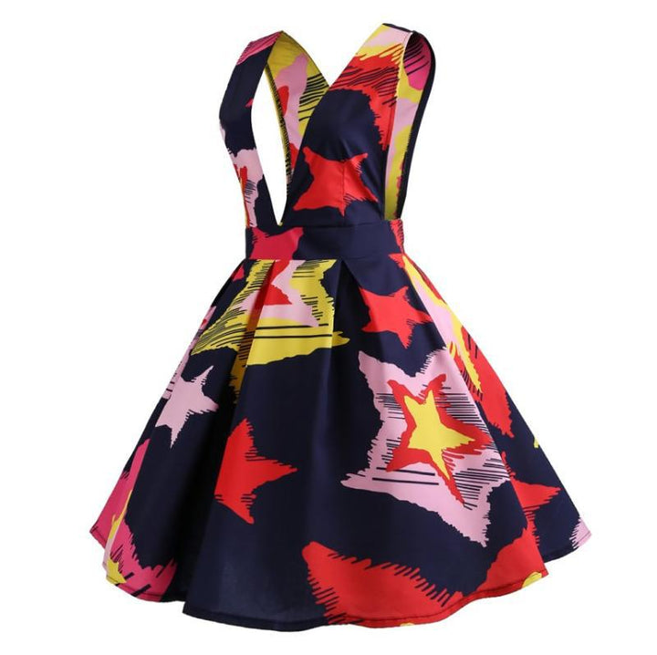 Damen A-Linien Kleid mit tiefem V-Ausschnitt und grafischem Sternmuster Drune