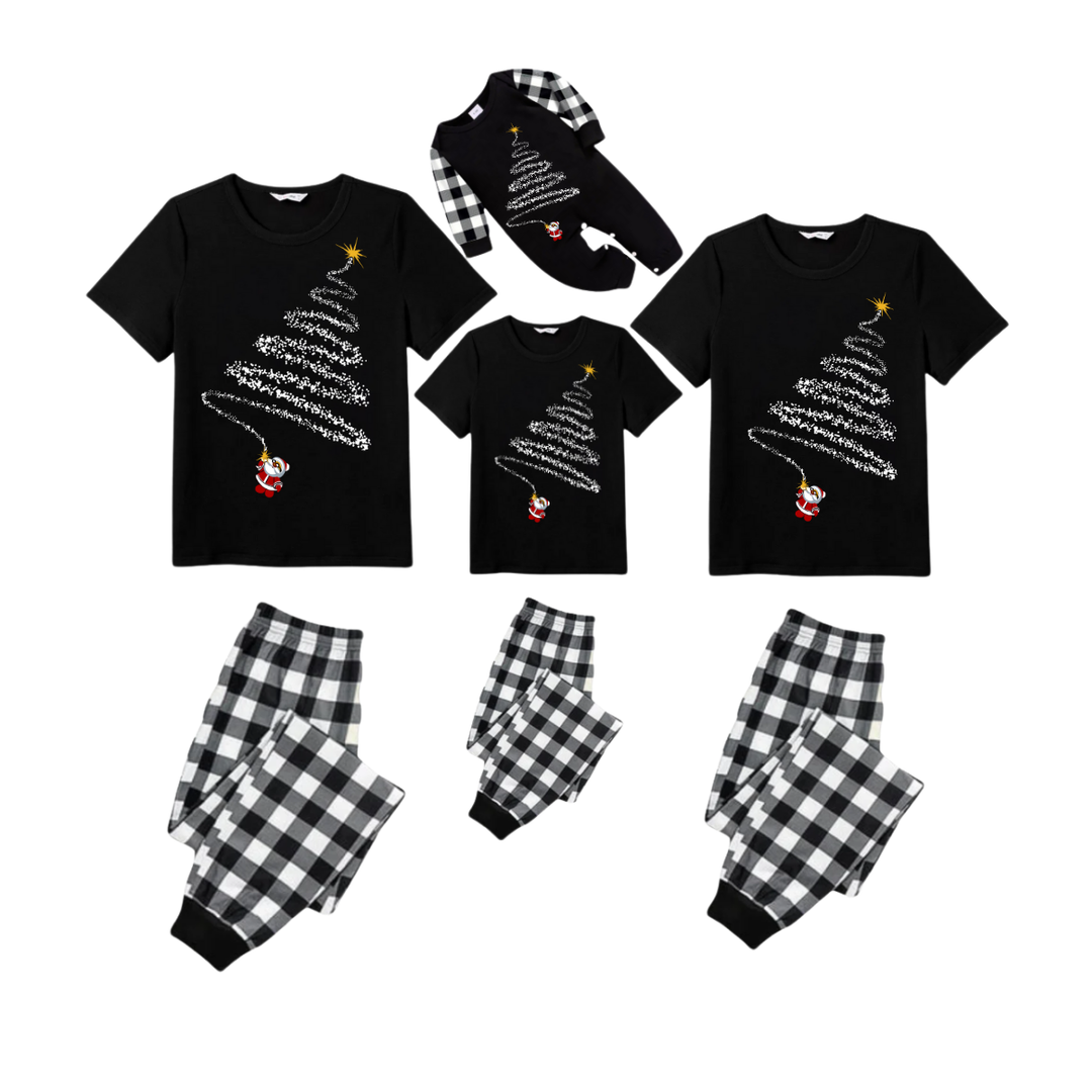 Drune | Santa Climbing Christmas Tree Familie Pyjama Set - Schwarzes Oberteil Schwarze und Weiße Karohose Weißer Baum Grafik