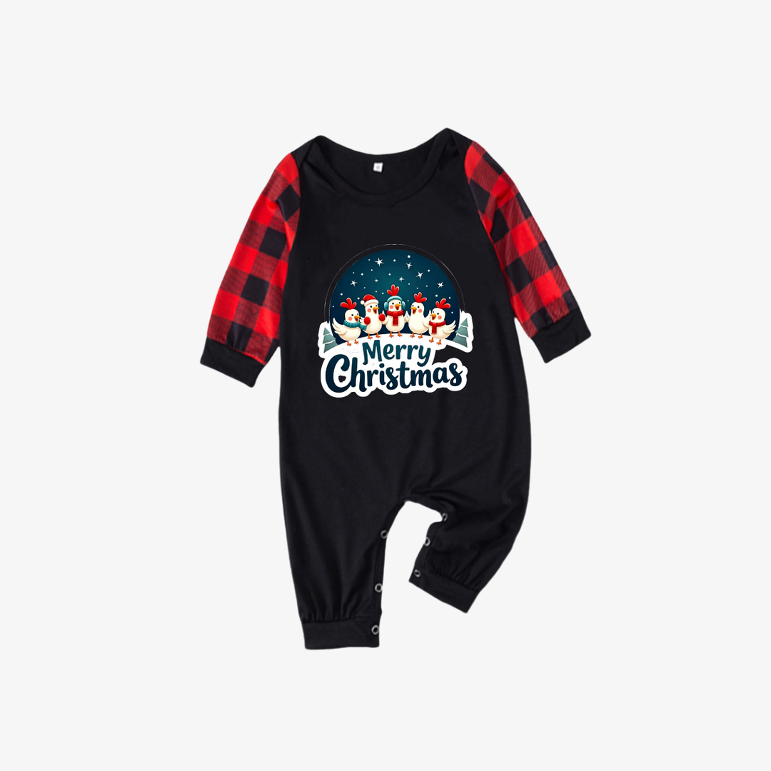 Drune | Rote und schwarze karierte Weihnachts-Pyjama-Set mit glücklichen Hühnern und "Frohe Weihnachten" Textdruck