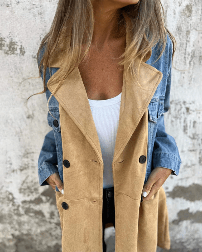 Drune | Stoff Trenchcoat - Denim und Wildleder-Look Kontrast mit Knopfverschluss