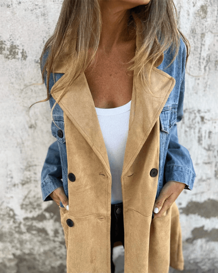 Drune | Stoff Trenchcoat - Denim und Wildleder-Look Kontrast mit Knopfverschluss