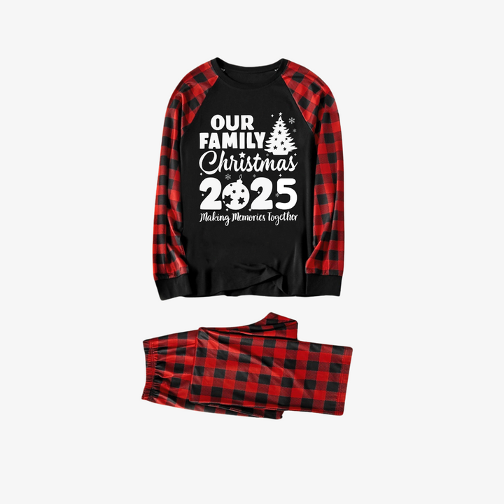 Drune | Weihnachtsbaum & "2025 Erinnerungen Gemeinsam Schaffen" Gemusterter Kontrasttop und Schwarz & Rot Karierte Hose Paar Matching Pyjama Set