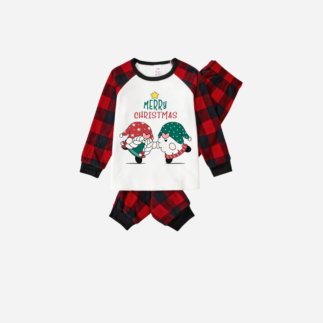 Drune | Rote und schwarze Karierte Weihnachts-Pyjama-Set mit Gnom und Frohe Weihnachten Textdruck
