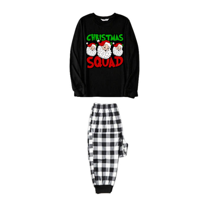 Drune | "Santa Squad" und Santa Claus Druck Schwarzes Langarmshirt mit Schwarz-Weißen Karohosen Familienpassende Schlafanzüge