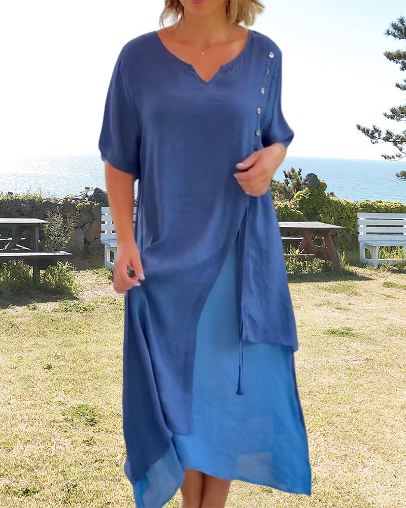 Drune | Asymmetrisches Kleid mit kurzen Ärmeln und V-Ausschnitt