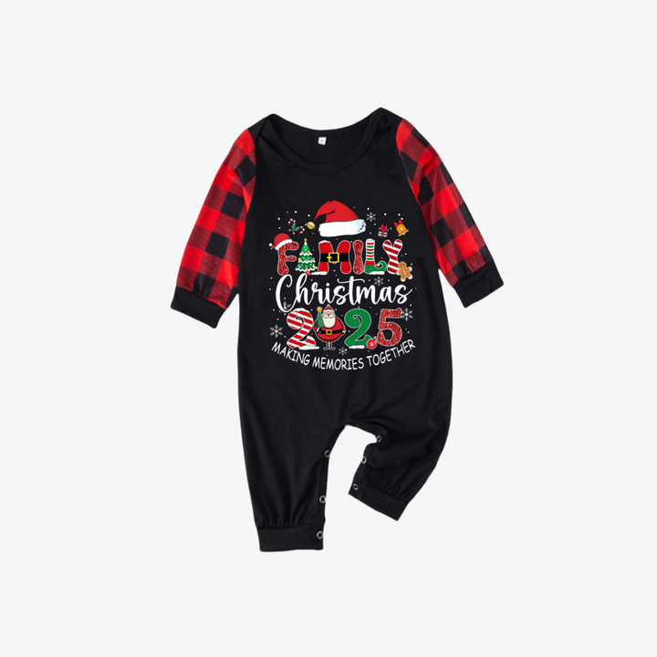 Drune | Rot und Schwarz Karierte Weihnachts-Pyjama-Set mit "Familien-Weihnachten 2025 Gemeinsam Erinnerungen Schaffen" Textdruck