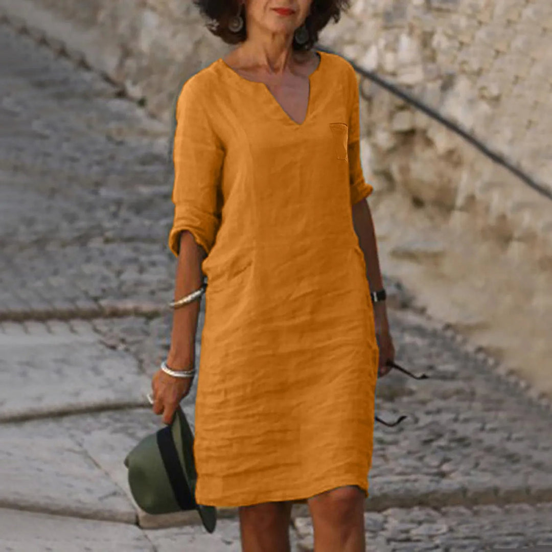 Rona Leinen Shiftkleid mit V-Ausschnitt und Taschen
