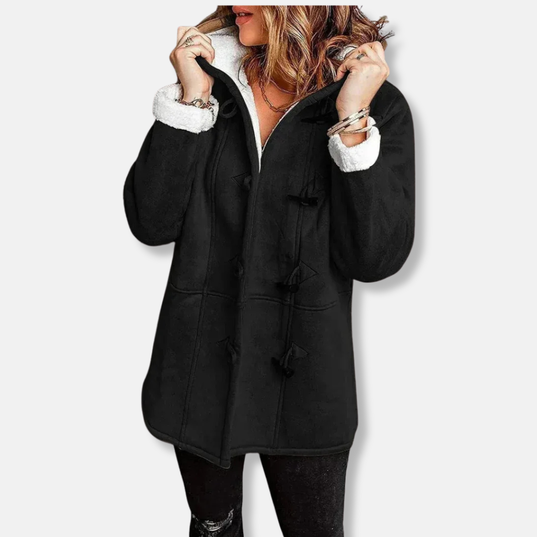Drune | Damen Fleecejacke – Kapuze – Plüschfutter – Lockere Passform – Knopfverschluss – Mittellange