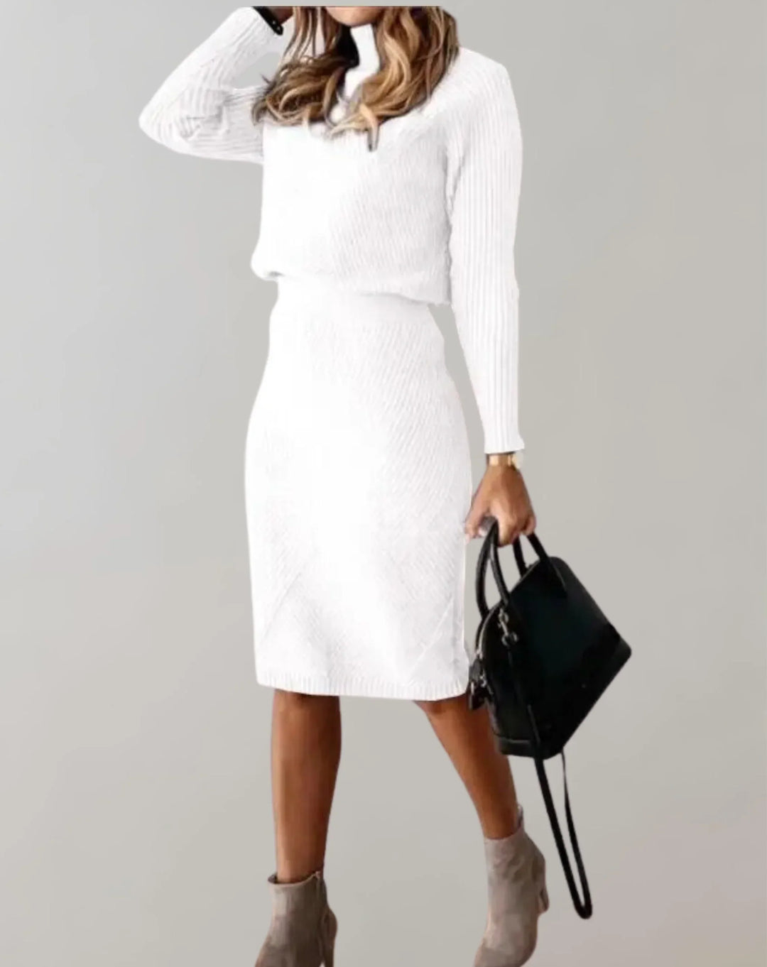 Drune | Satz Gerippter Zweiteiler Slim Passform Rollkragenpullover und Midi Rock