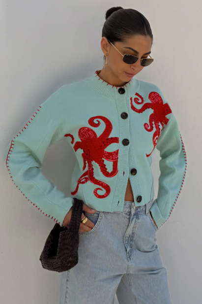 Drune | Strandstrick-Cardigan mit nautischem Oktopus-Design