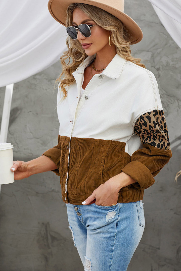Drune | Leopard Farbblock Knopfleiste Cord Baumwolljacke