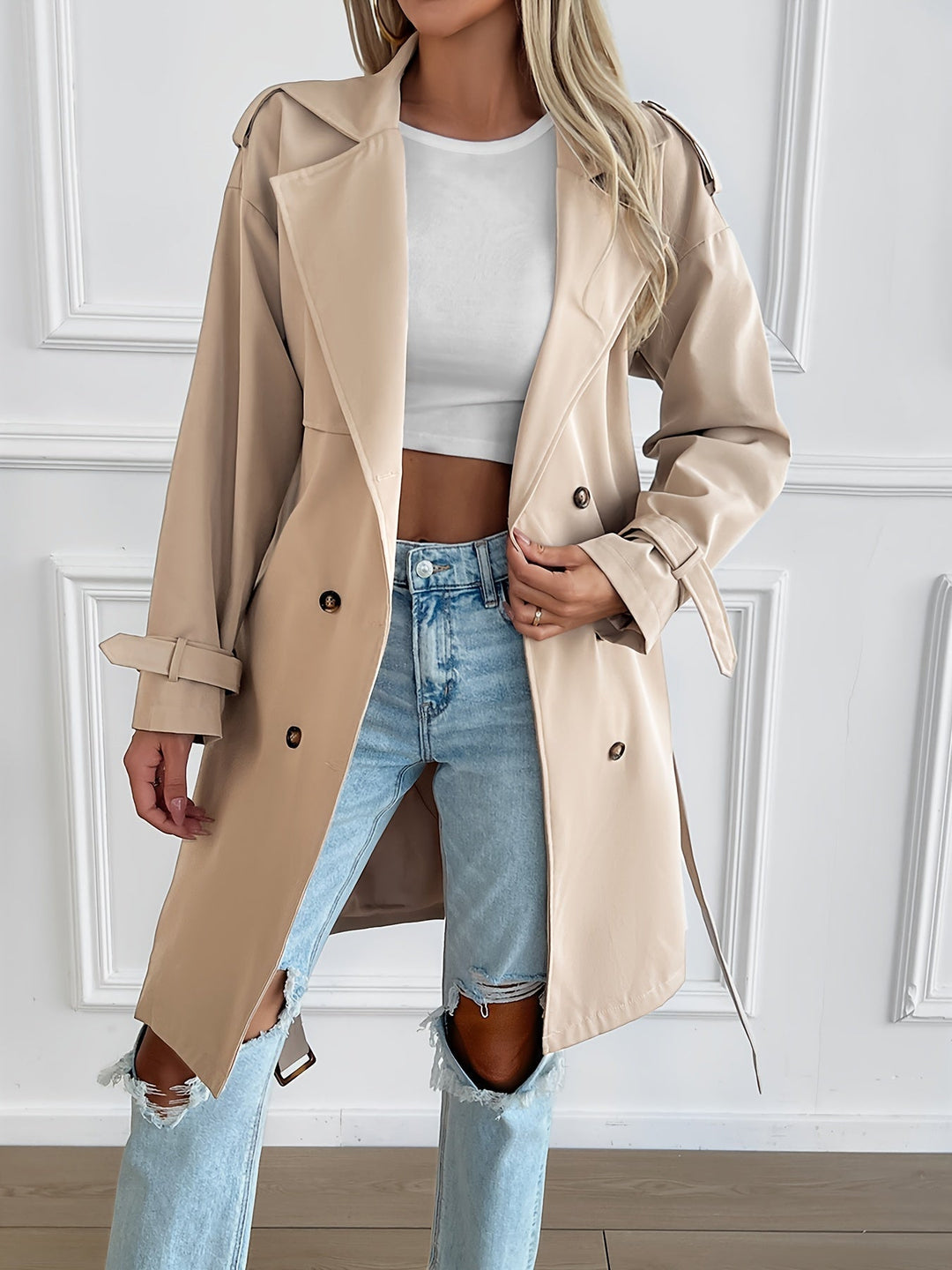 Drune | Trenchcoat in Beige - Klassischer Mantel mit Gürtel & Knopfleiste für Herbst & Frühling