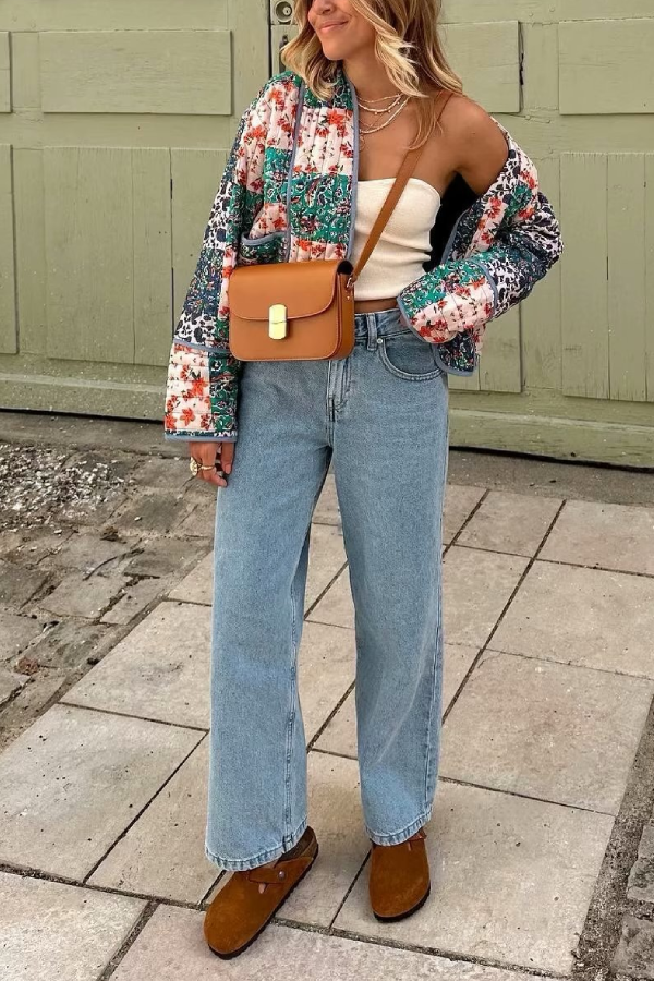 Drune | Bedruckte lockere lässige Strickjacke kurze gesteppte Baumwolljacke