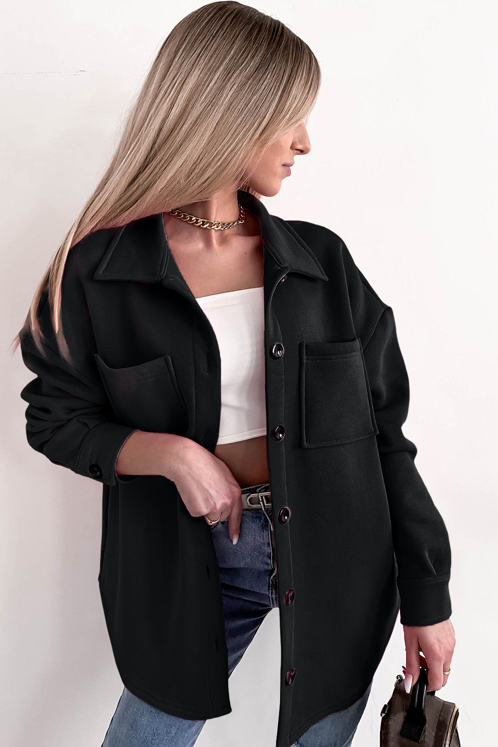 Drune | Oversized Hemdbluse mit Großen Taschen Polyester Minimalistisch und Stilvoll