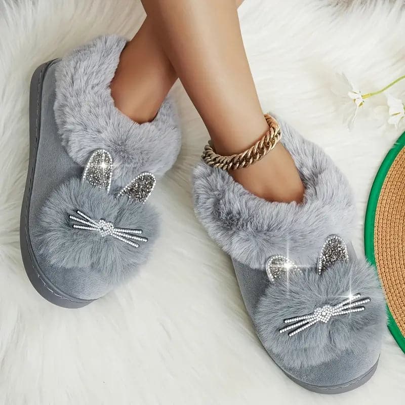 Drune | Hausschuhe Plüsch Slipper Weich Und Warm Hasenmotiv Mit Glitzerdetails