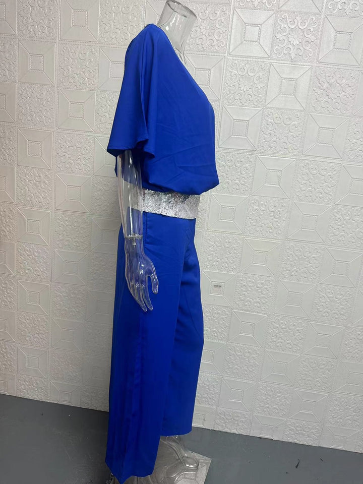 Drune | Rundhalsausschnitt Pailletten Farbe Matching Batman Wide Leg Pants Set