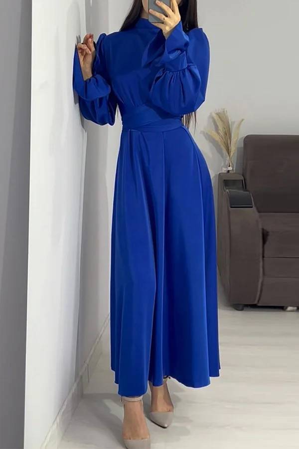 Drune | Einfarbiger Rüschensleeve Taillierter Krawatten Slim Fit Maxikleid